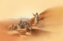 Jesus Christ preaching on the hill in the desert