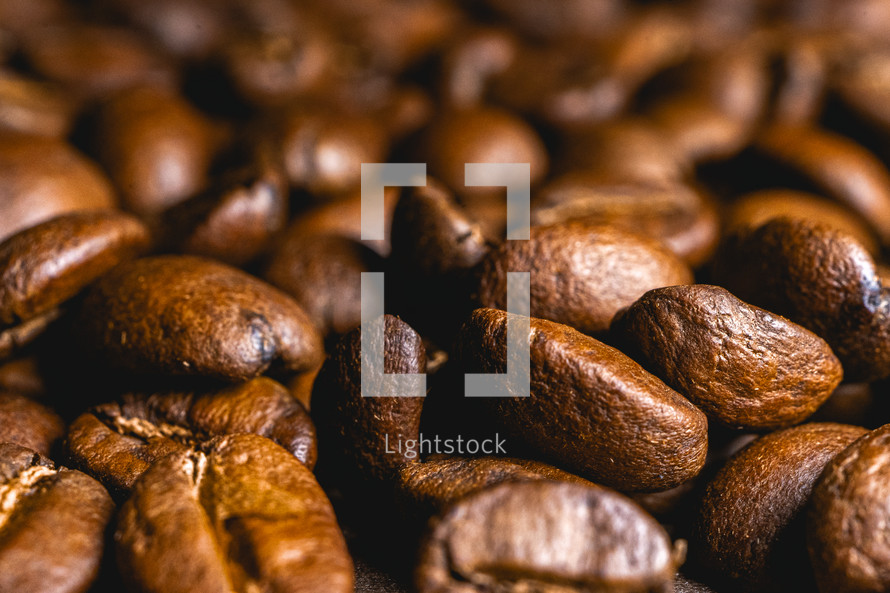 Close up from a bunch of coffee beans laying down. Backdrop for coffee products.