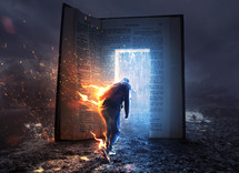A man on fire runs towards an open Bible with refreshing rain.
