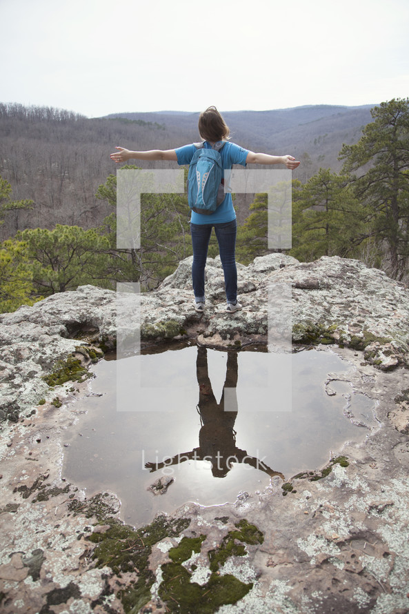 Reflection of a person wearing a backpack with outstretch arms in a pool of water in a rock.