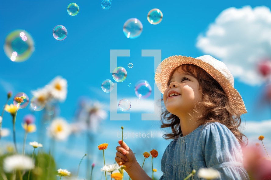 Little girl blowing soap bubbles in the field with flowers on blue sky background