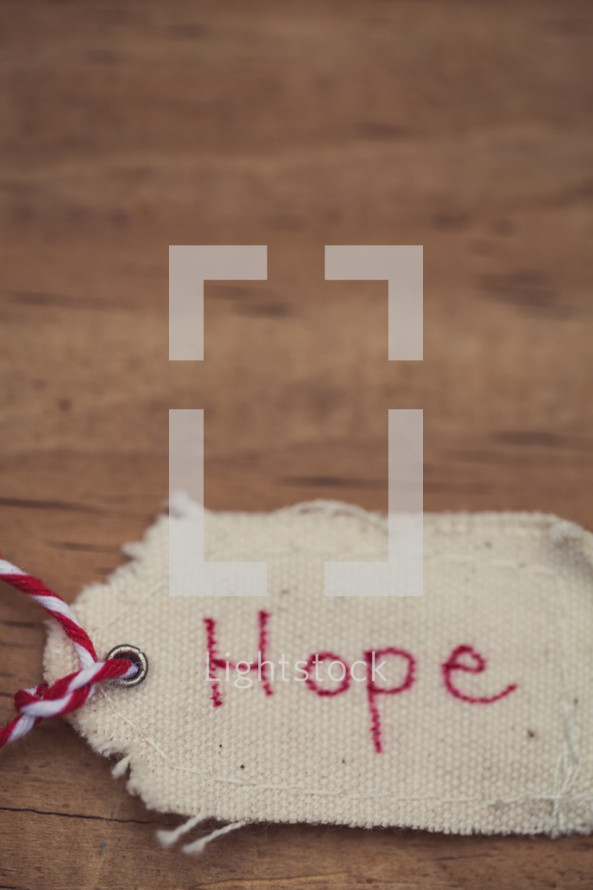 A Christmas gift tag reading "Hope," on a wood grain background.