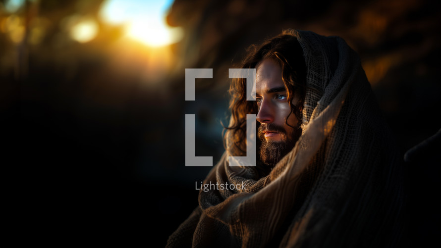 Young teenage Jesus awakens with the early morning light. Getting ready for shepherd the flock of sheep. Shepherd getting prepared. Portrait. 