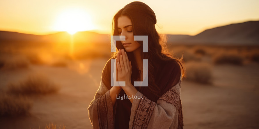 Christian woman praying in the desert, at sunset. Biblical