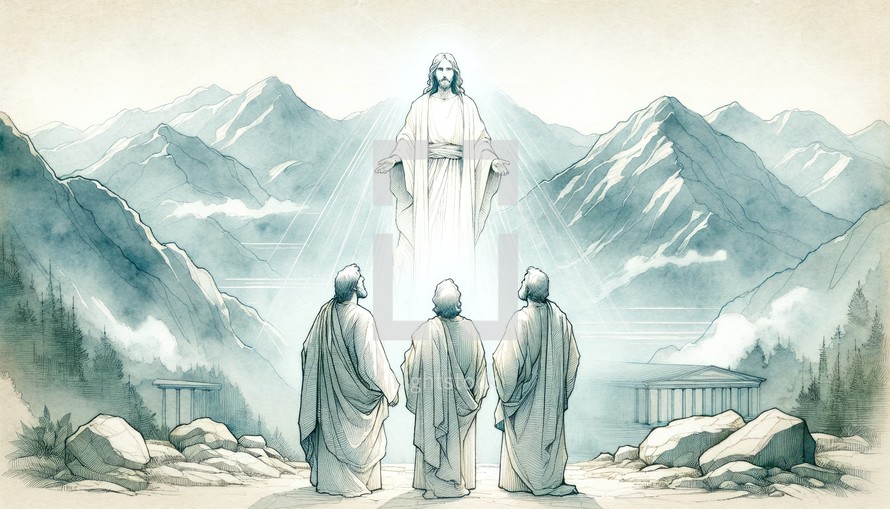 The greatest miracle: Transfiguration of Jesus. llustration of Jesus appearing bright to Peter, James and John on a mountain. Digital illustration.
