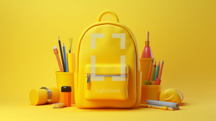 Yellow school backpack on yellow background