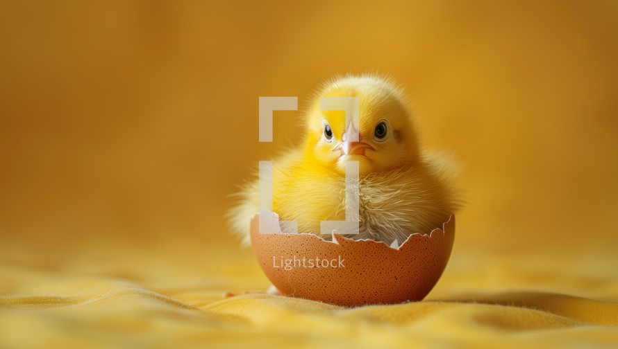 Little yellow chicken in eggshell on yellow background, easter concept