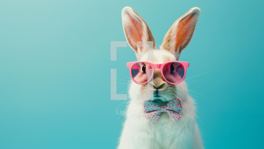 Portrait of cute bunny wearing pink plastic sunglasses and polka dot bow tie against blue background. Funny hipster rabbit with stylish accessory. Concept of happy Easter celebration.