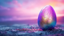 Iridescent Easter egg on a beach at sunset