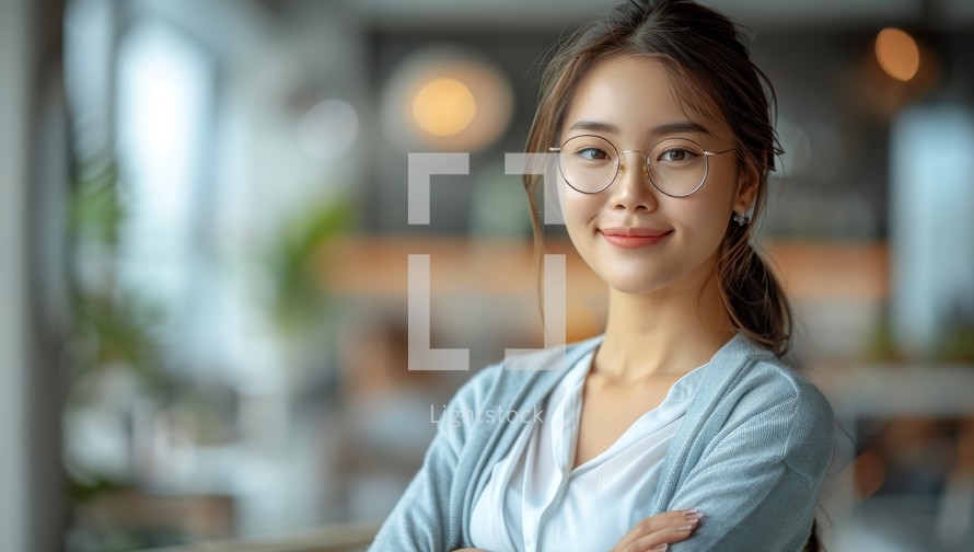 Portrait of beautiful Asian businesswoman wearing eyeglasses looking at camera and smiling while standing in cafe