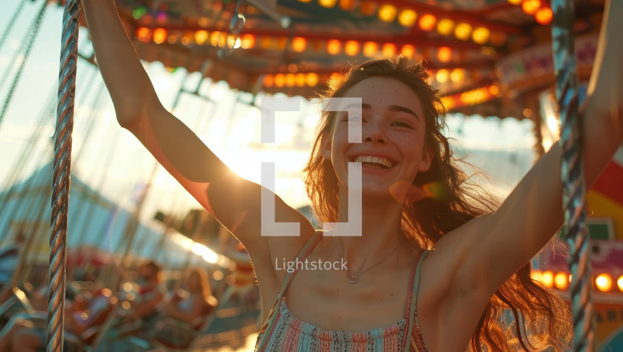Happy young woman having fun on a carousel at sunset