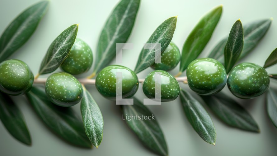 Close up of green olives on a branch with leaves.