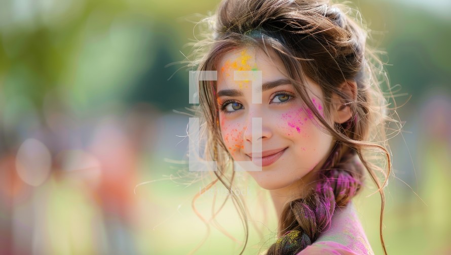 Portrait of a beautiful young woman with colorful powder paint on her face