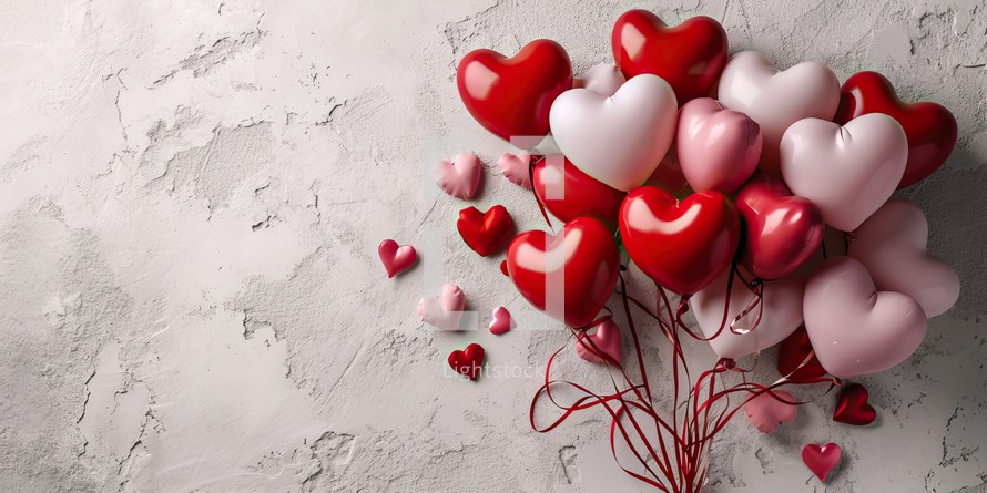 Valentine's day background with red and white heart-shaped balloons.