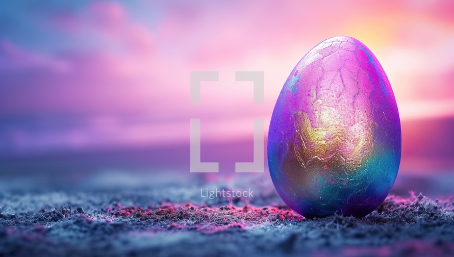 Iridescent Easter egg on a beach at sunset