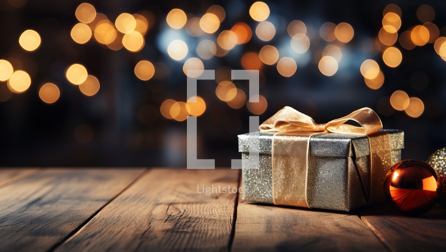 Christmas gift box with golden bow on wooden table with bokeh background.