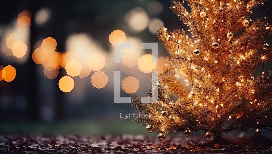 Christmas and New Year background with golden pine tree and bokeh lights