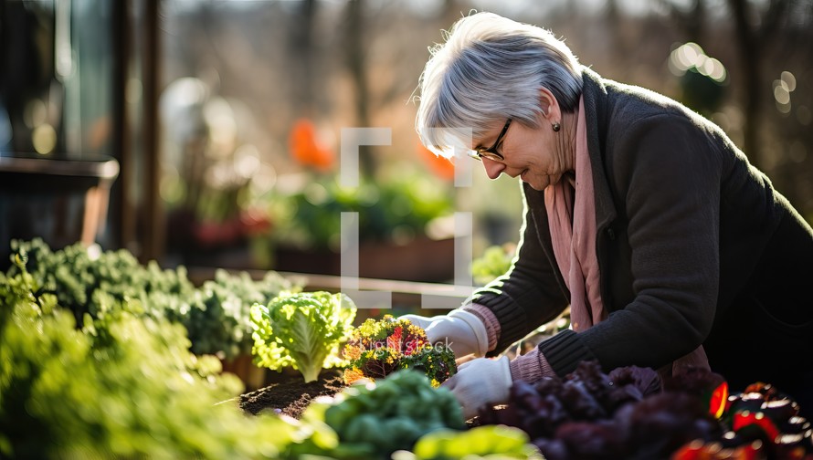 Elderly woman buying vegetables in the vegetable garden.