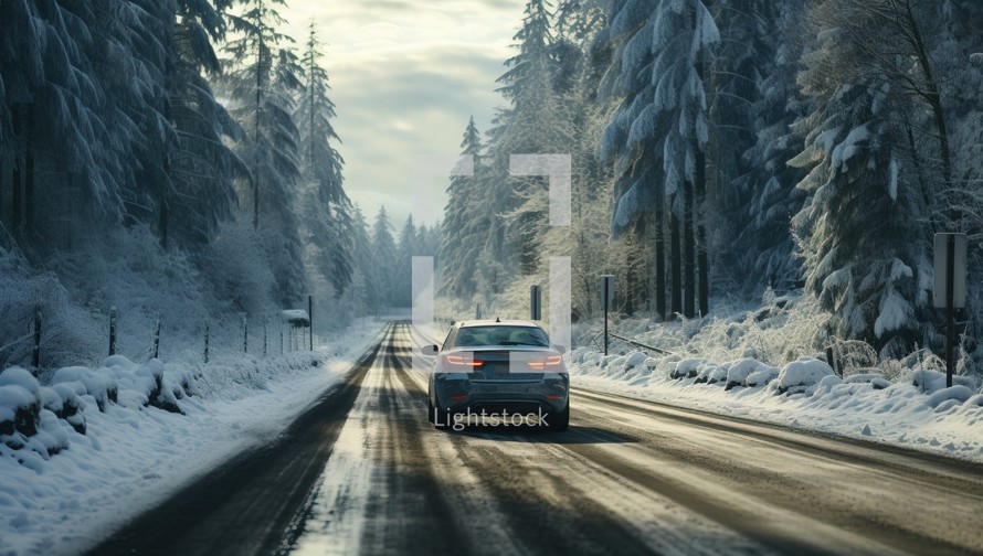 Car driving on a winter road with snow covered trees