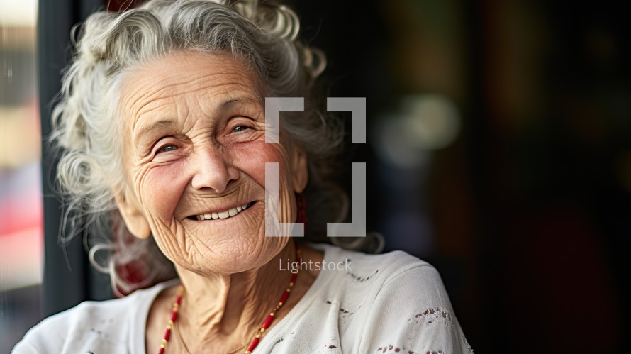 smiling senior woman sitting in a cafe at home