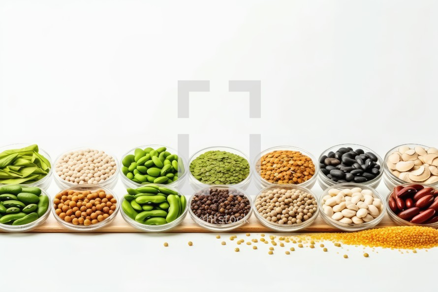 Assortment of beans and legumes in plastic containers on white background