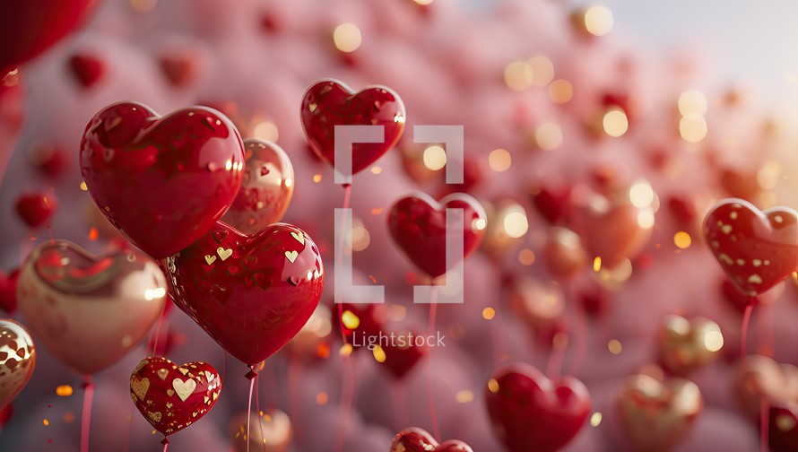A romantic scene of red heart shaped balloons with golden sparkles