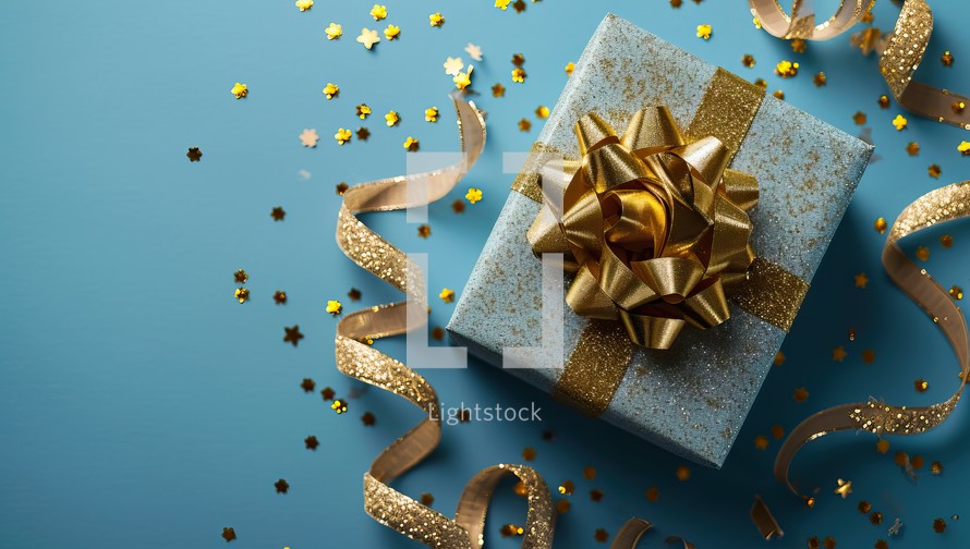 Elegant gift box with golden bow on a festive blue background