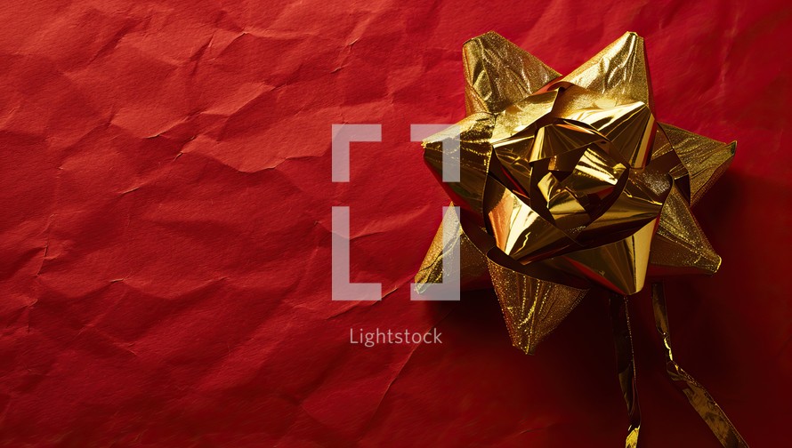 Golden bow on red paper background with copy space. Christmas concept.
