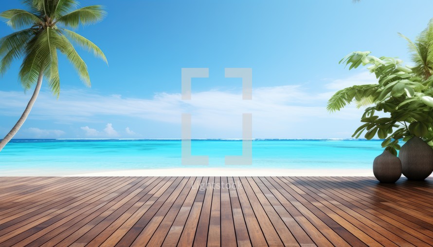 Wooden deck on tropical beach with palm trees.
