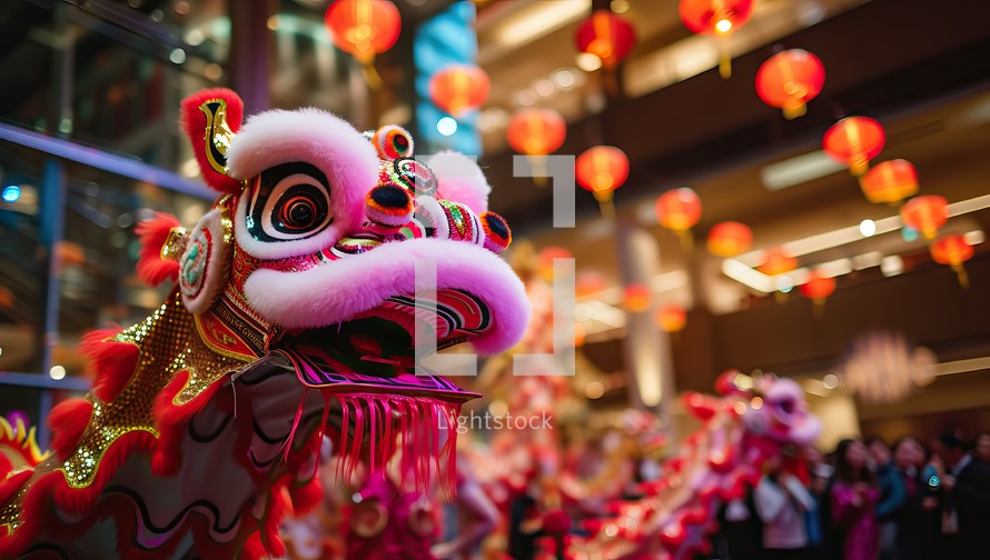 Chinese lion dance performance during a festive celebration
