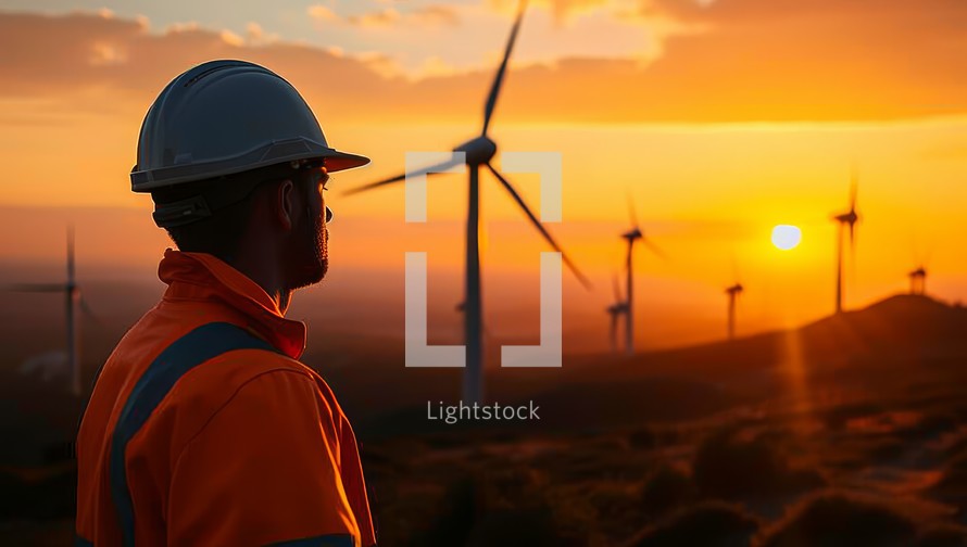 Silhouette of engineer wearing safety helmet and looking at wind turbines at sunrise