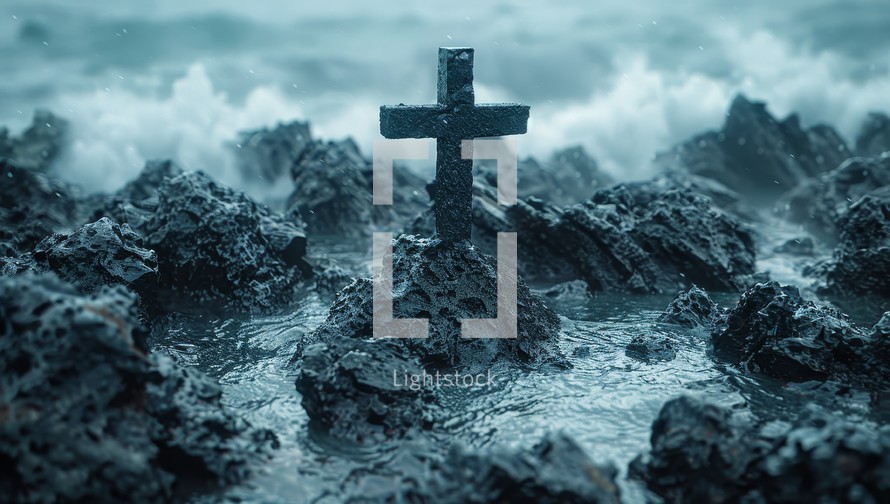 Black cross on stormy sea. Concept of religion, faith, hope, and salvation.