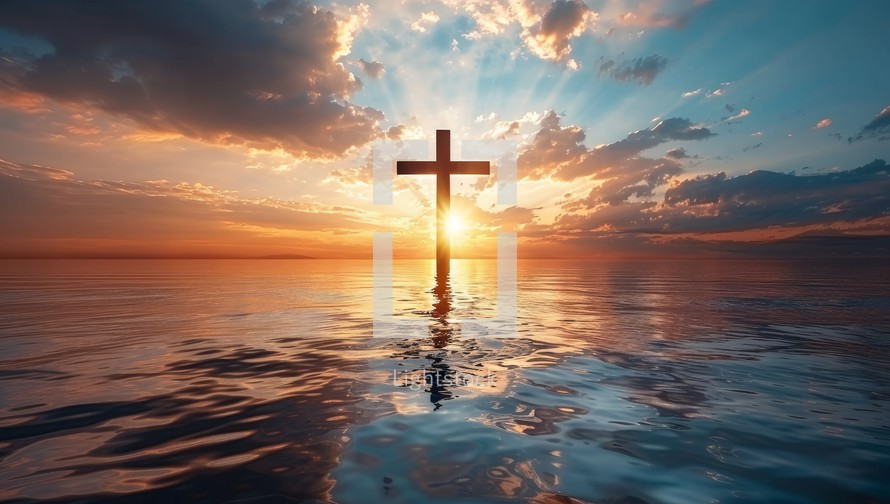 Cross in Water at Sunset