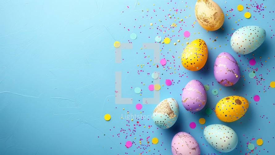 Easter background with colorful eggs and confetti. Top view with copy space