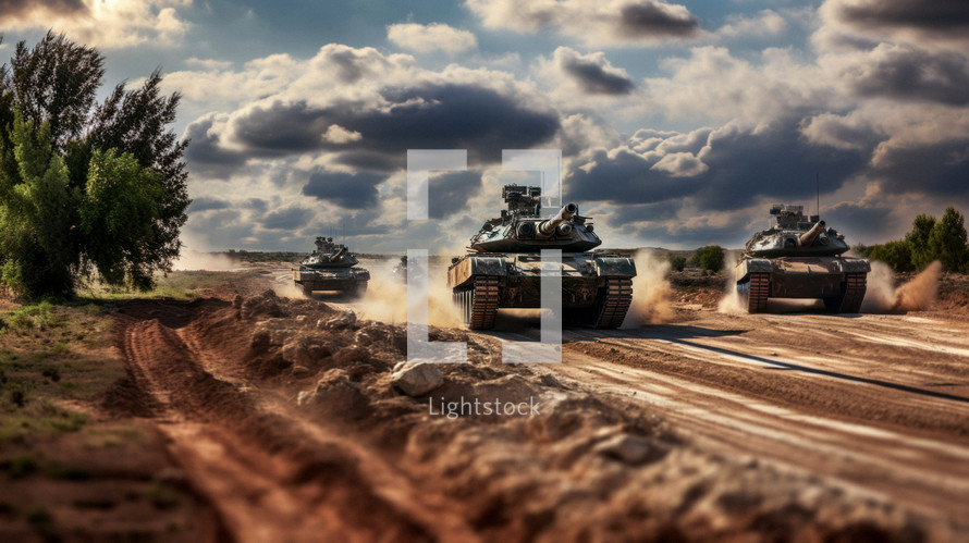 Israeli tanks rolling across the desert in the warzone conflict.