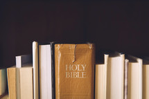 a row of books turned backwards and the Bible 