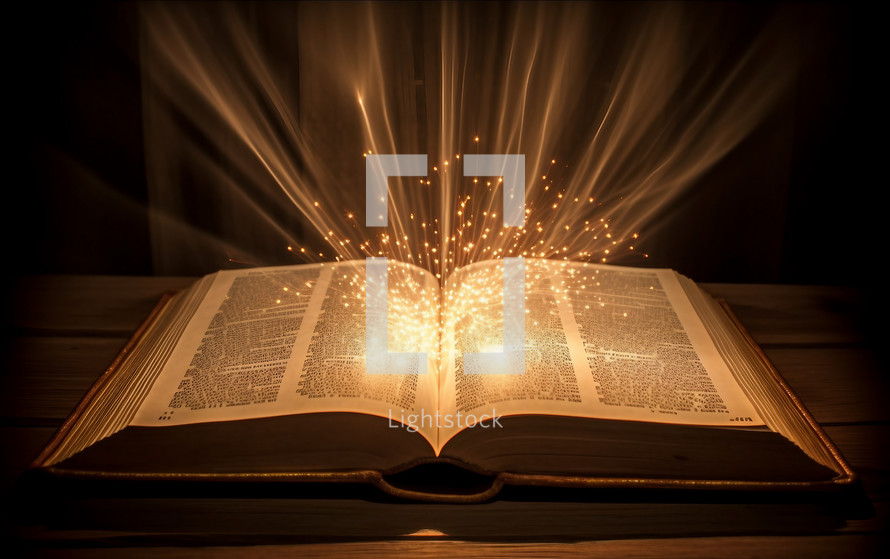 Open sacred bible on table with spiritual light