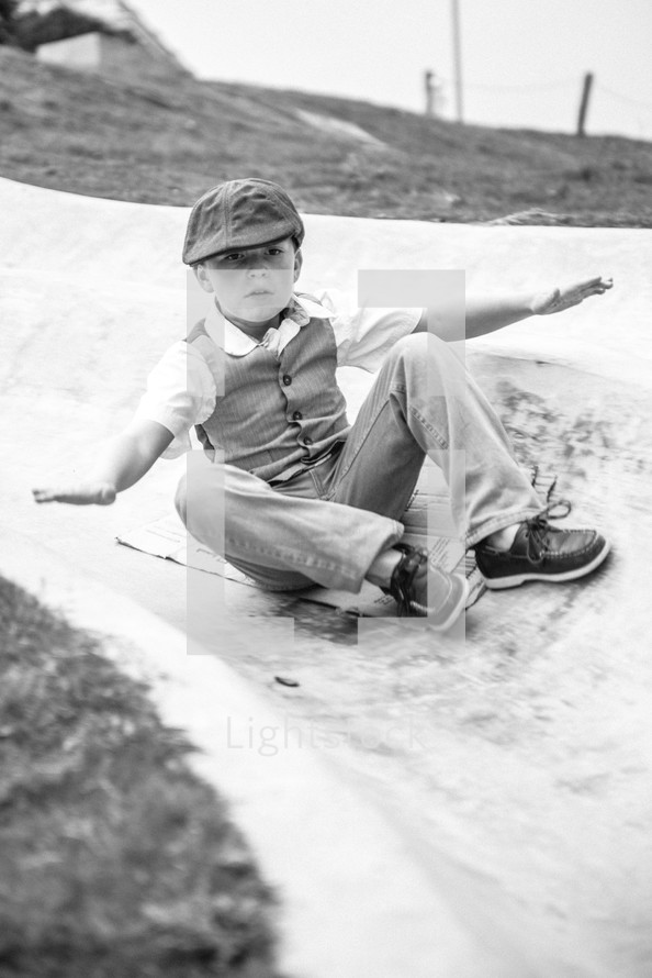 a child on a slide in dress clothes 