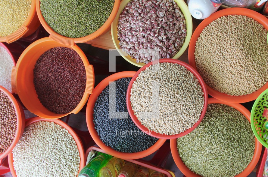 seeds and grains at a market 