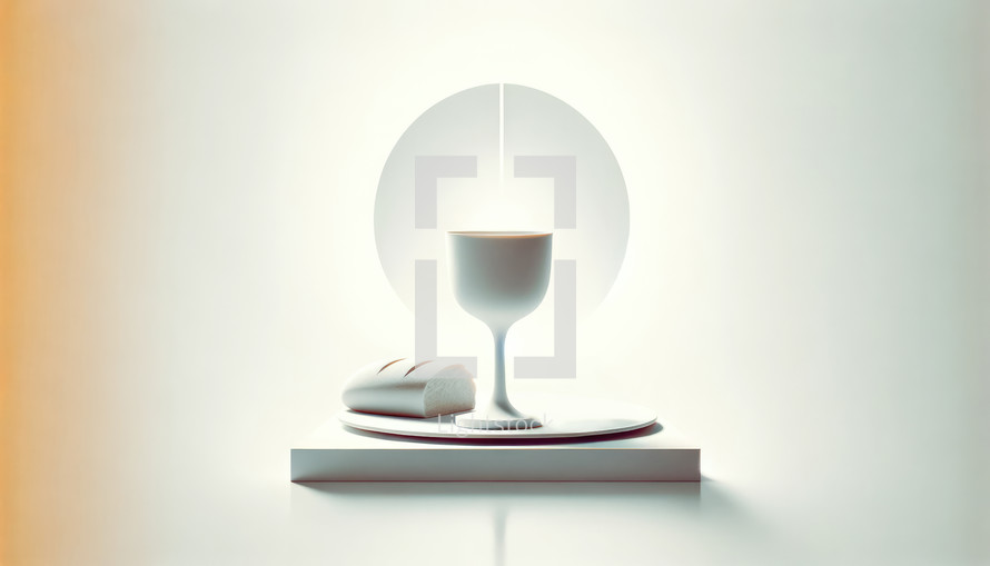 Eucharistic symbols. 3d rendering of a chalice of wine and bread on a stand with a white background. Vector illustration.	