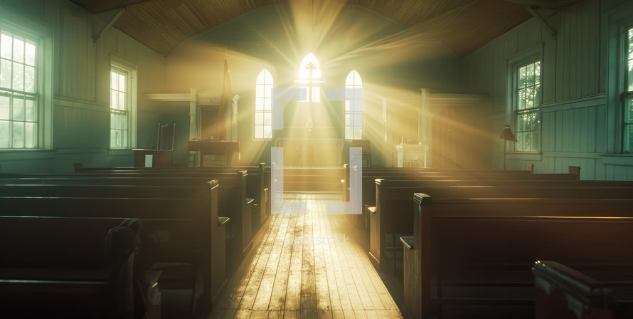 Church interior with rays of light and lens flare. Religious background.