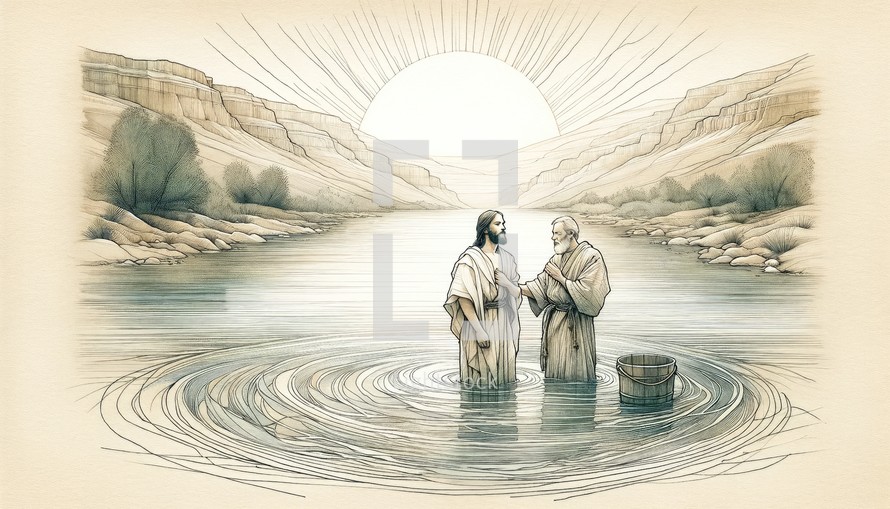 Jesus is baptized by John the Baptist in the Jordan River. Digital painting.

