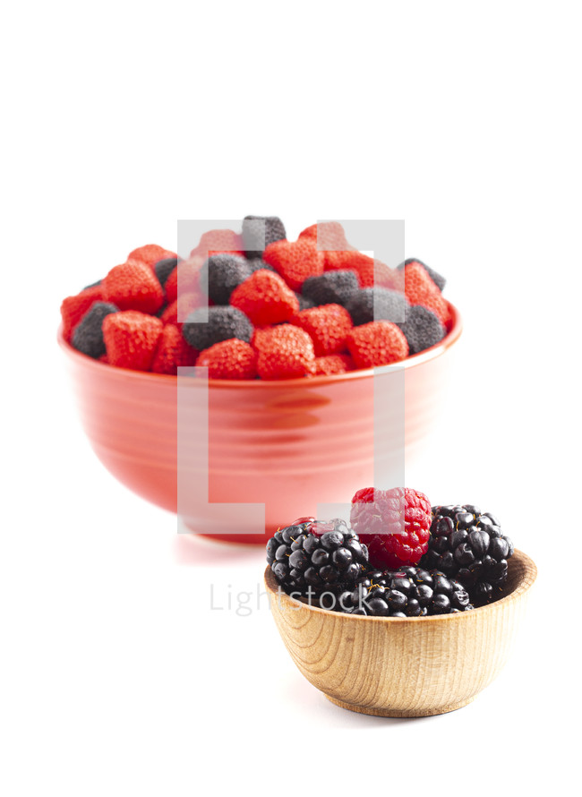 Raspberry and Blackberry Gummy Candies Isolated on a White Background