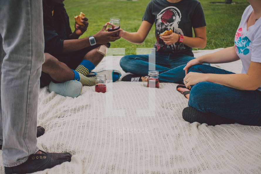 friends having a picnic on a blanket 