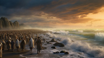 The people of Israel walking through the Red Sea as the waves crash into shore. 
