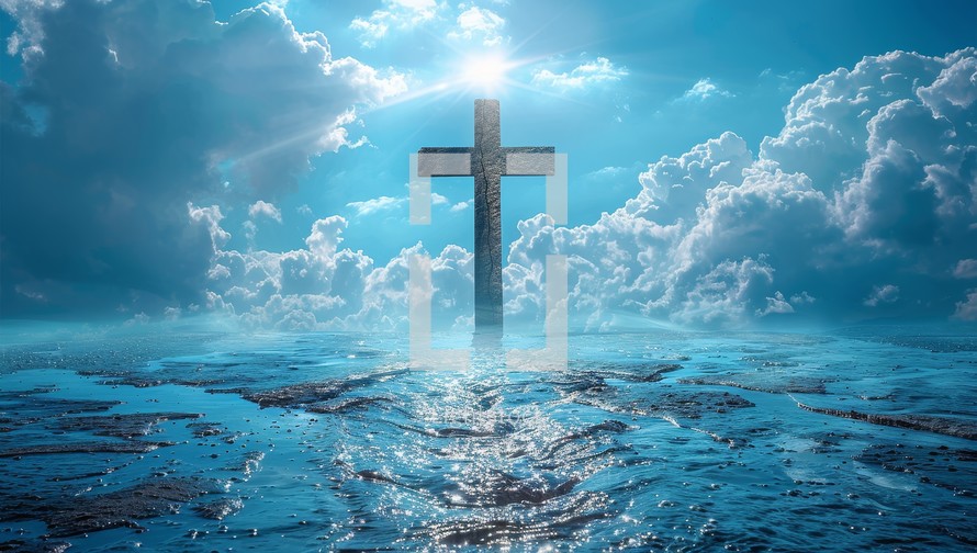 The cross of Jesus Christ stands tall and majestic over a vast body of water, with a bright light shining down from above.