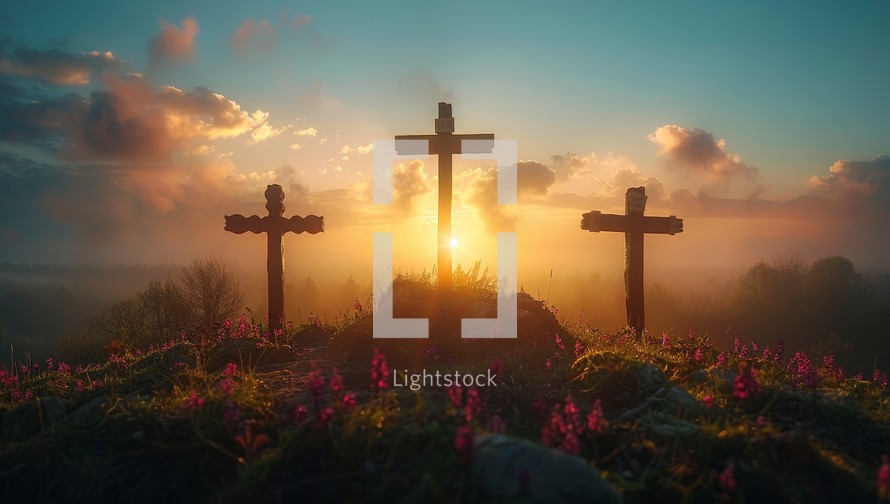 Three wooden crosses on a hill at sunset