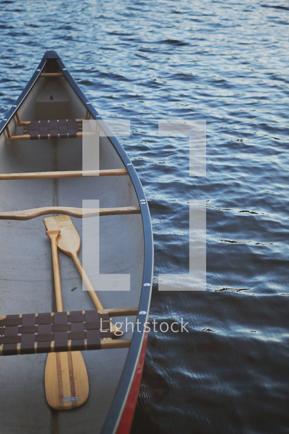 canoe with paddles floating on water 