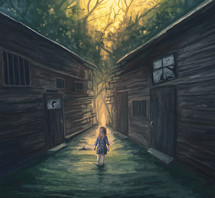 A little girl approaches a pathway through broken homes