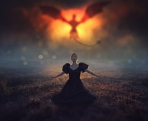 a woman kneeling and shadow of satan 
